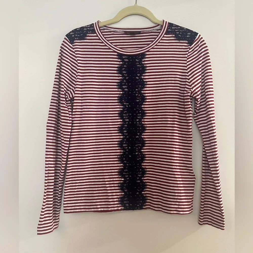 J.Crew Red Striped Crewneck Longsleeve T-Shirt with Navy Lace, Size XS